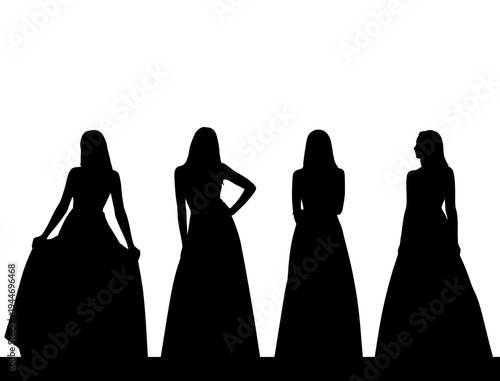 Elegant Women in Long Dresses Silhouette Set, Fashion Model Vector Illustration