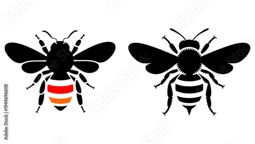 collection of various black silhouette bee, set of insects