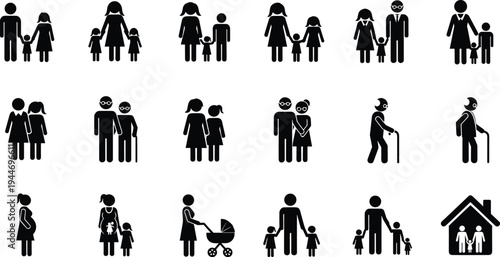 Title: Collection of black silhouette vectors showing diverse adult and child interactions in multiple poses for educational, parenting, and communication design use
