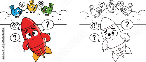Confused Cartoon Rocket and Questioning Birds Funny Illustration for Problem Solving Learning and Kids Stories
