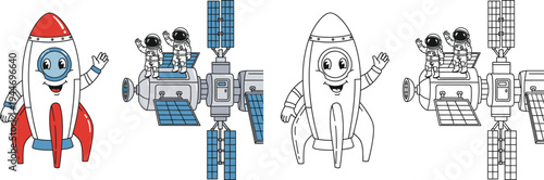Friendly Cartoon Rocket and Astronauts on Space Station Cute Space Exploration Illustration for Kids and Education