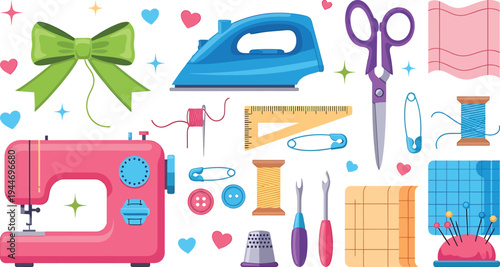 Colorful sewing tools illustration, tailoring accessories design, creative craft equipment artwork, sewing machine scissors thread buttons iron ruler fabric