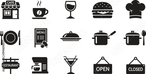 restaurant cafe food and drink icons on white background