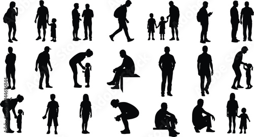 Title: Black silhouette collection showing diverse adult and child interactions in multiple poses, educational vector set illustrating parenting, guidance, communication, and care  