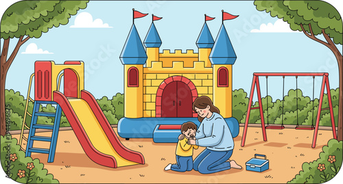 Title: Playground scene with inflatable castle slide and swings, adult comforting injured child on sandy ground with visible first aid kit nearby  