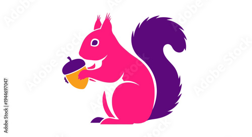 Stylized Pink and Purple Squirrel Holding Acorn, Isolated on White Background