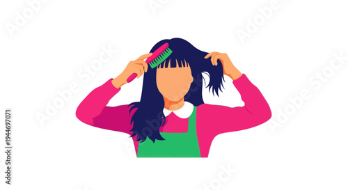 Woman Brushing Long Dark Hair with Green Brush, Flat Illustration