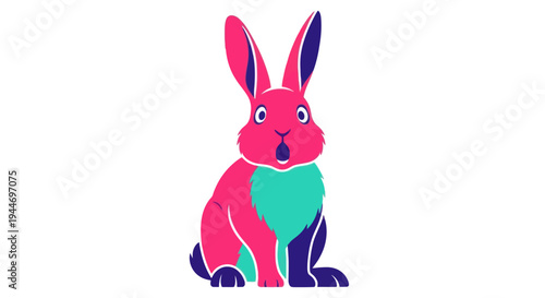 Surprised Pink and Teal Rabbit Character, Funny Cartoon Animal Illustration