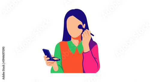 Woman applying makeup with brush and compact mirror, flat illustration, isolated on white