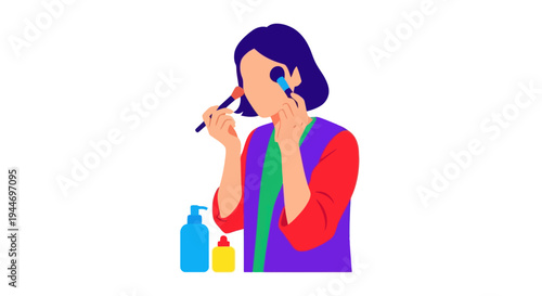 Woman applying makeup with brushes, beauty products, and colorful clothing
