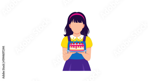 Happy Girl Holding Birthday Cake with Strawberries and Cherries