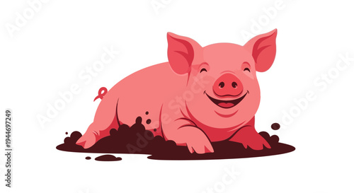 Happy Pink Pig Rolling in Mud - Cute Farm Animal Illustration