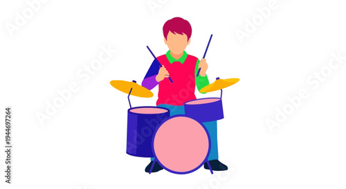 Young person playing drums, vibrant illustration, musical hobby, creative expression