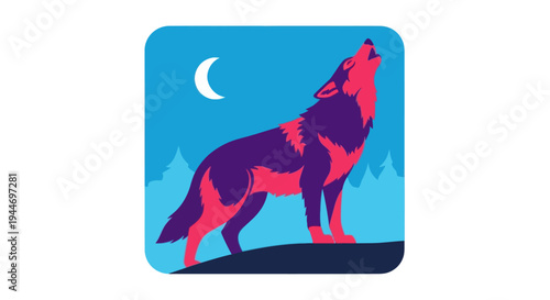 Stylized Wolf Howling at Moon - Night Forest Silhouette
