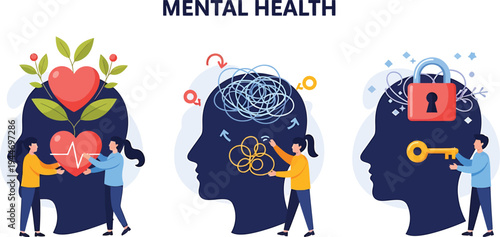 Mental health illustration, emotional support concept, stress relief artwork, mind unlocking design, psychological wellbeing, therapy healing, human head silhouettes symbolism