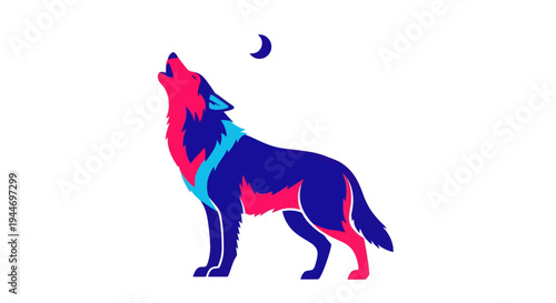 Stylized Wolf Howling at Crescent Moon, Vibrant Colors, Minimalist Design