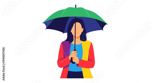Woman with colorful jacket holding green umbrella, vector illustration