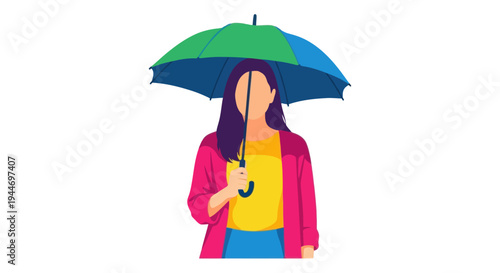 Woman holding a colorful umbrella, vector illustration, protection from rain, isolated on white background