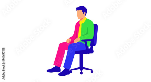 Man in colorful suit sitting on office chair, isolated on white background