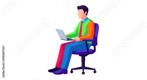 Man working on laptop computer while sitting in office chair, modern flat illustration