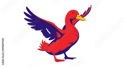 Stylized Red Duck with Open Wings, Vector Illustration