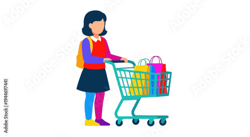 Girl with Shopping Cart and Bags, Vector Illustration