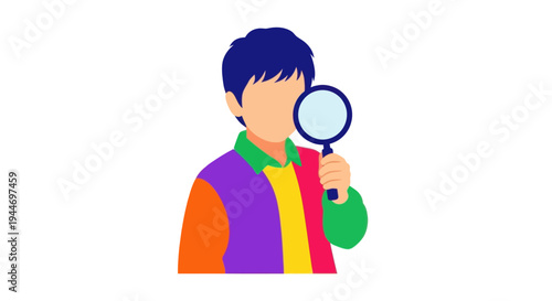 Child with magnifying glass, curious exploration, vibrant colors, isolated on white.
