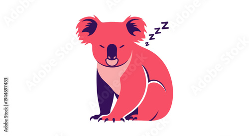 Cute sleeping koala graphic illustration, pink and purple on white background