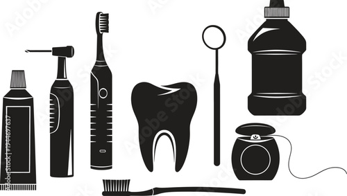 set of dental care products and tools on white