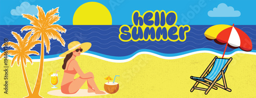 summer tropical beach scene background for social media cover header and website banner with woman relaxing on beach near palm trees under sun with beach chair, umbrella, drinks and sea sky background