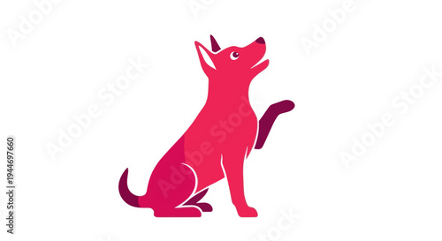 Playful pink dog silhouette sitting and raising paw, isolated on white background
