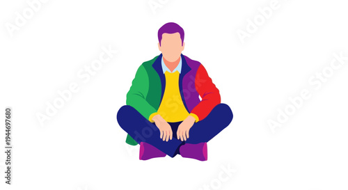 Man Sitting Cross-legged, Colorful Jacket, Isolated on White Background, Flat Design