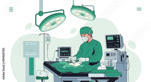 Surgeon Performing Operation in Modern Operating Room with Medical Equipment