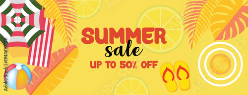summer tropical sale banner and summer background for social media cover header and website banner Summer sale promotion banner with beach umbrella ball flip flops and tropical leaves illustration