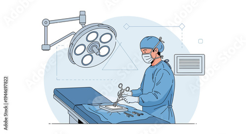 Surgeon Performing Operation in Modern Operating Room with Surgical Lamp and Medical Equipment