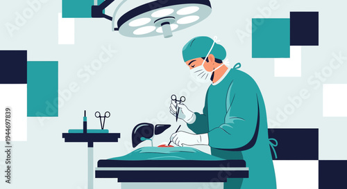 Surgeon Performing Operation in Modern Operating Room with Surgical Instruments