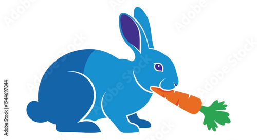 Blue Rabbit Eating Carrot - Vector Illustration
