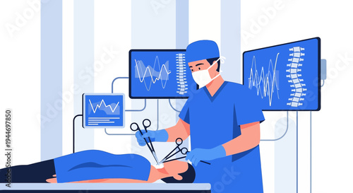 Surgeon Performing Operation in Modern Operating Room with Medical Monitors