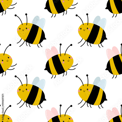 Cute seamless pattern with flying bees with pink and blue wings. Spring honeybees background. Flat vector illustration.        