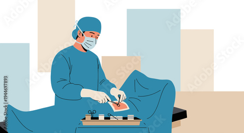 Surgeon Performing Operation in Operating Room with Medical Instruments