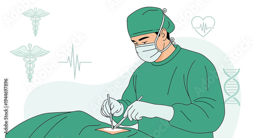 Surgeon Performing Operation in Operating Room with Medical Icons