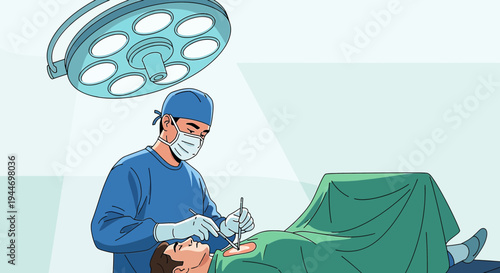 Surgeon Performing Operation Under Surgical Lamp in Operating Room