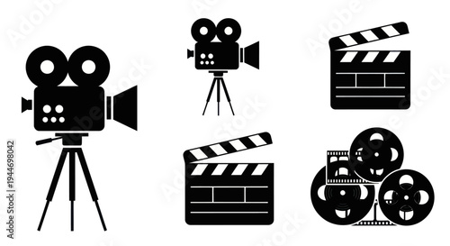 Film Camera Clapperboard Movie Film Reels Equipment.