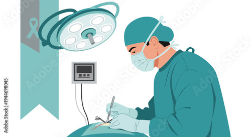 Surgeon Performing Operation Under Surgical Lamp in Operating Room