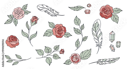Foto Hand Drawn Roses and Leaves Illustration.