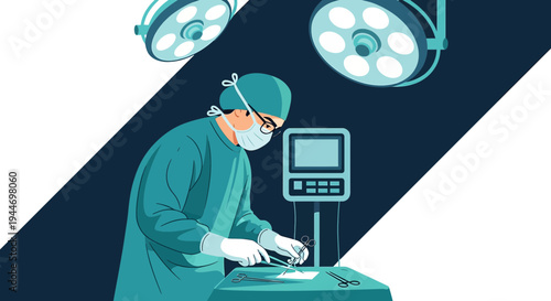 Surgeon Performing Operation Under Surgical Lights in Modern Operating Room