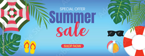 summer tropical background for social media cover and website banner, Summer sale banner with special sale offer with beach ball sunglasses lifebuoy umbrella flip flops and tropical monstera leaves