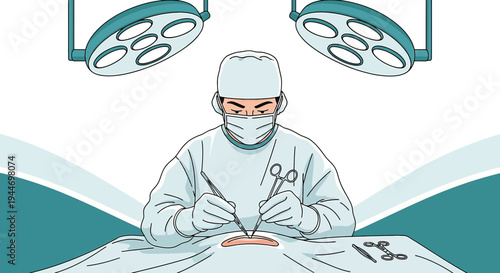 Surgeon Performing Operation Under Surgical Lights