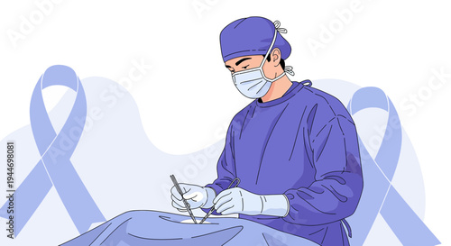 Surgeon Performing Operation with Blue Awareness Ribbons in Background