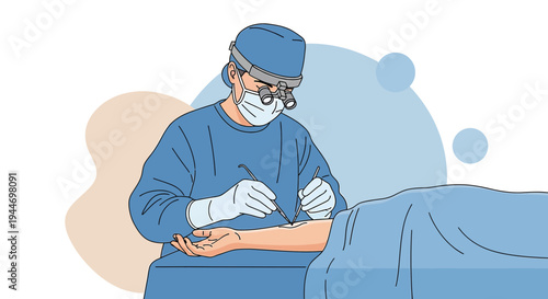 Surgeon Performing Operation with Magnifying Loupes on Patient's Arm in Operating Room
